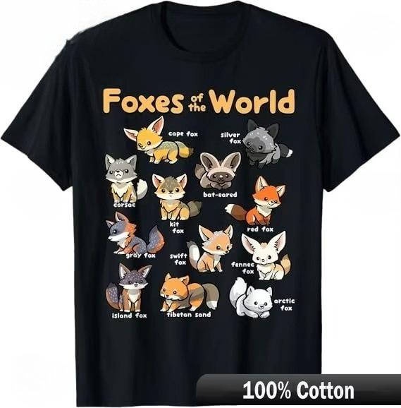 Футболка «Чиби Лисы Животные Мира» Разные виды лис в стиле чиби Крутая Модная Ретро Одежда Парная С коротким рукавом S
