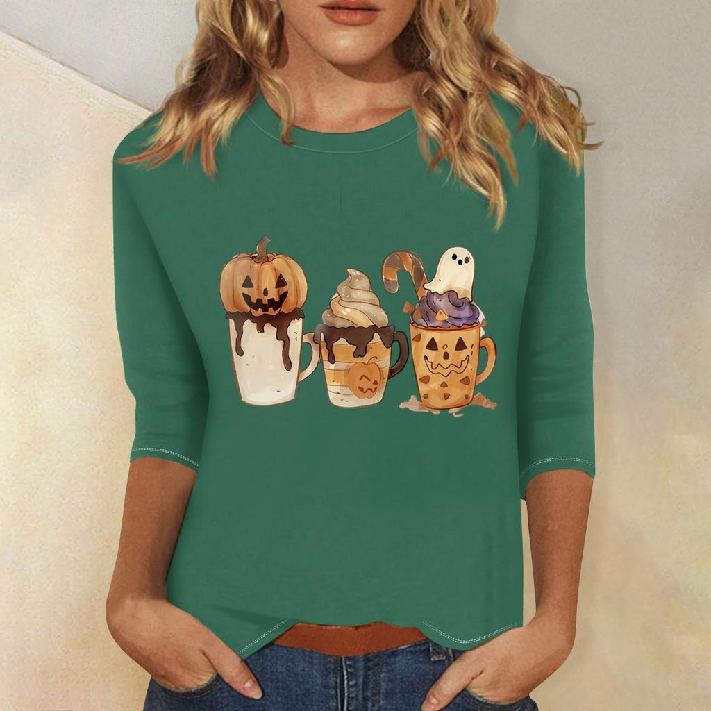 Women's Fashion Casual Three-quarter Sleeve Halloween Printed Round Neck Top