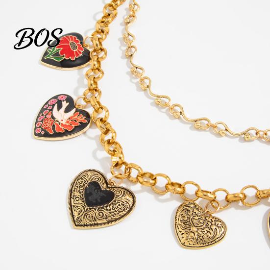Strong Chain Necklace Floral Heart Charms Necklace, Double Layer Vintage Choker Oval Faux Old Metal Texture Pendant Diamond Ring, Enamel Pendants