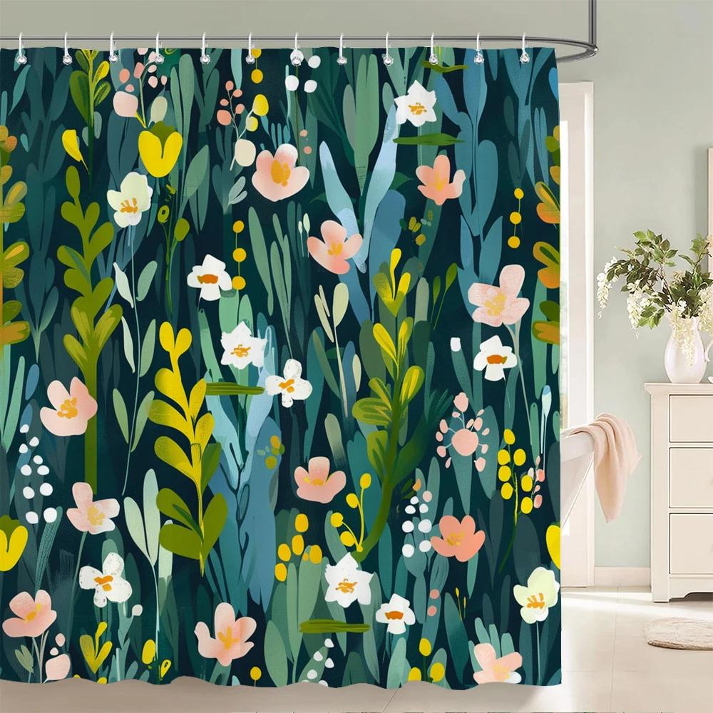Home Shower Curtains for Bathroom Waterproof Fabric Spring Floral  and Plants Bathroom Curtains with Hooks Decorative Curtain