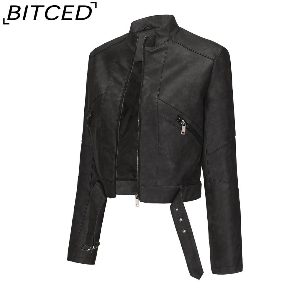 BITCED Women's Biker-Style Leather Jacket with Belt, Long Sleeves and Zip Fastening Spring/Autumn Leather Jacket