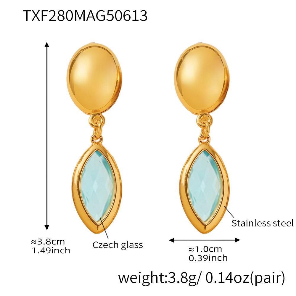 Qiongyao Leaf-Shaped Czech Glass Stone Earrings with Stainless Steel Edging - Elegant and Luxury Design.