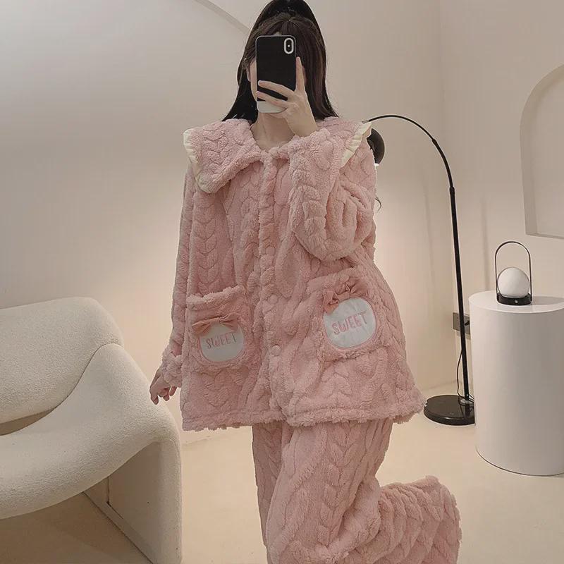 Übergröße 250 Jin Damen Flanell Pyjama Set - Dicke Korallenfleece Strickjacke für Herbst/Winter