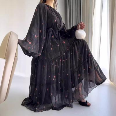 Eid Muslim Abaya Dress Women Print Chiffon Sashes Jalabiya Kaftan Islam Vestidos Largo Arab Long Robe Ramadan Morocco Abayas