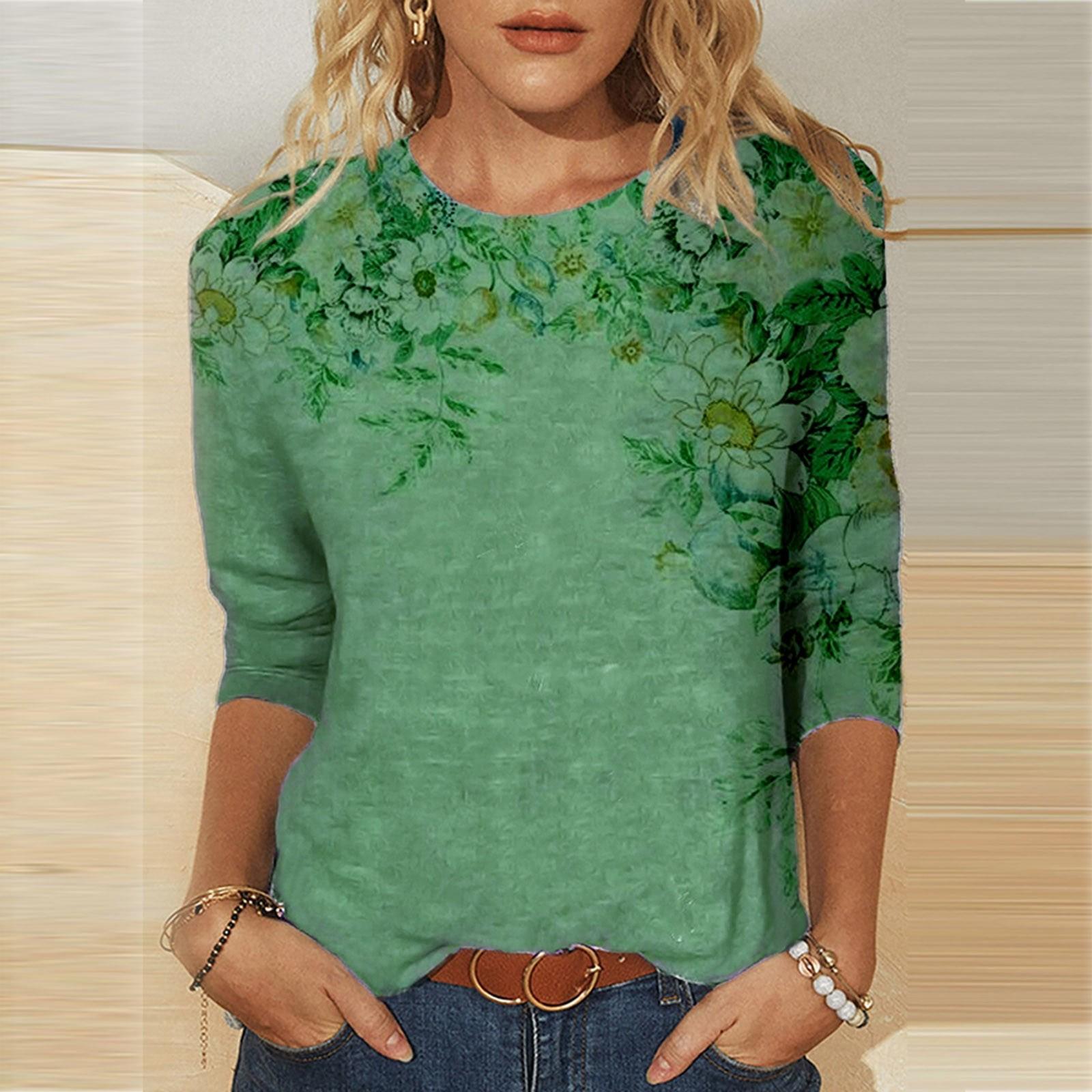 

Женская мода, повседневная универсальная повседневная футболка с круглым вырезом и рукавом три четверти, топ с принтом L зелёный