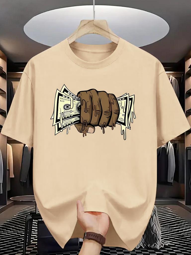 Unisex Summer Cotton Short Sleeve T Shirt Fist Holding Dripping Dollar Cash Print Crew Neck Casual Loose Hip Hop Street Fashion Tee