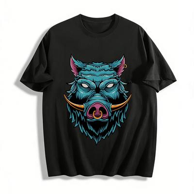 Wildschwein mit beeindruckenden Hauern Print Trendiges lässiges Kurzarm-T-Shirt Reines Baumwoll-T-Shirt