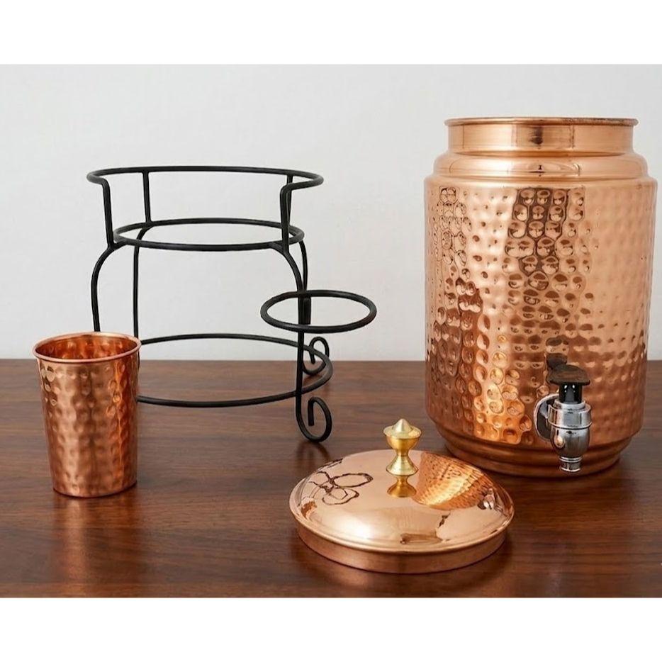 Copper Water Dispenser Set, 5 Litres, with Stand, 1 Glasses and ABS Tap, HaMmered Design (HaMmered Natura)