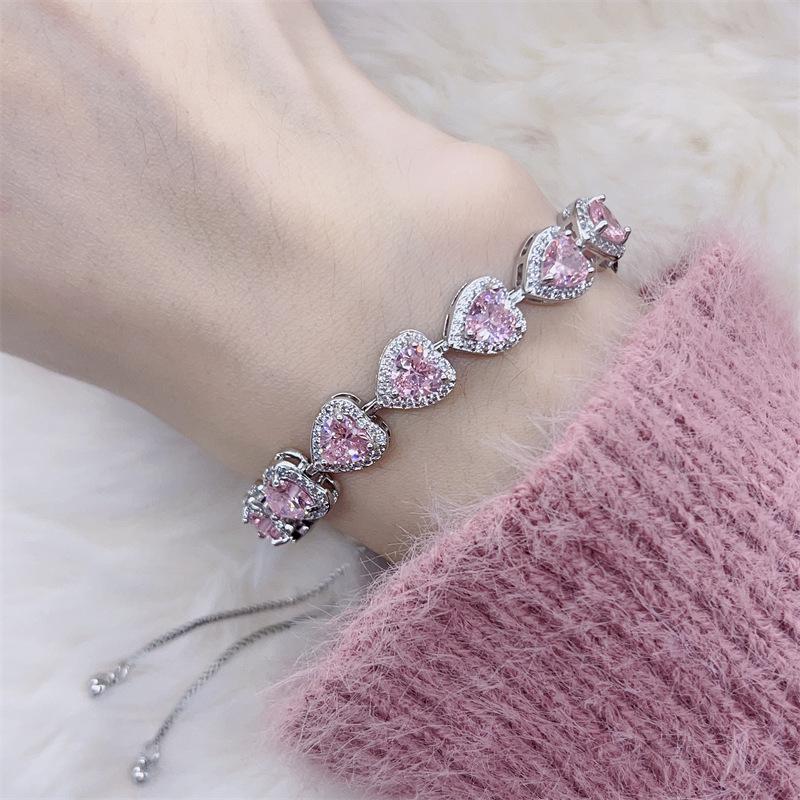 Pink Heart Rhinestone Zirconia Adjustable Bracelet for Women - Shiny Internet Celebrity Hand Jewelry with Luxury Feel