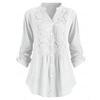 Spring Summer Women Shirt Mid Length V Neck Button-down Blouse with Cufflink Floral Embroidery Long Sleeve Lace Top for Dating