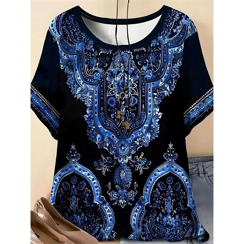 Fashion Women's Crew Neck Short Sleeve 3D Flower Color Printing Flower Short Sleeve Crew Neck T-Shirt