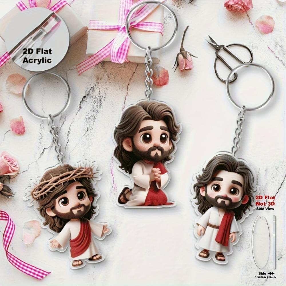 8 Parça 2D düz akrilik İsa temalı çizgi film karakter anahtarlık, 2D düz sırt çantası anahtarlık kolye.