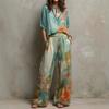 Womens V Neck Floral Print Tie Waist Wide Leg Pants Set