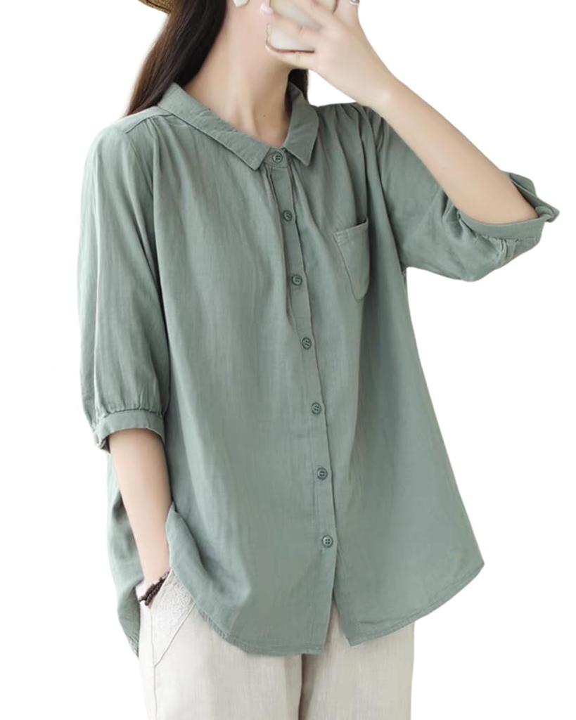 Short Loose Large Size [JHIJSC] Women's Shirt, Sleeve, Summer, Cotton, Fit, 3/4 Sleeve, Slimming, Plain, Stylish, (JP, Alphabet, L, Green)