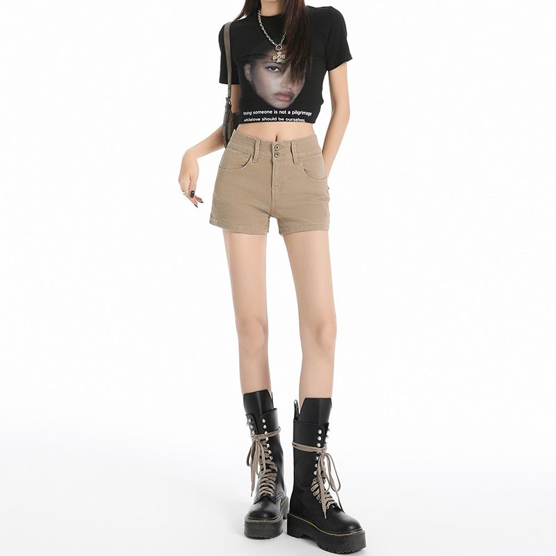 

Шорты джинсовые женские Fengqi с низкой посадкой, легко сочетаемые, лето 2025, маленькие, цвета хаки, облегающие, легко сочетаемые, красивые шорты Khaki XL