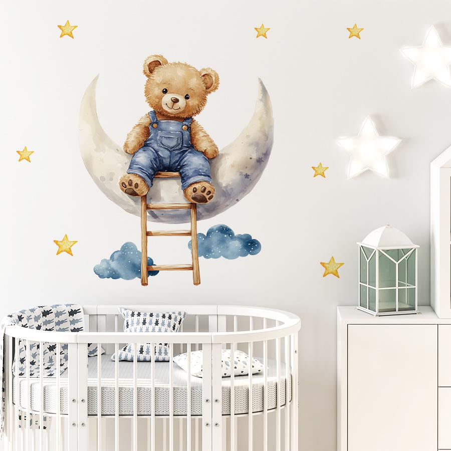 Cartoon Teddy Bear Sitting On Moon Self Adhesive Wall Stickers for Kids Room Nursery Baby Bedroom Decoration Decals
