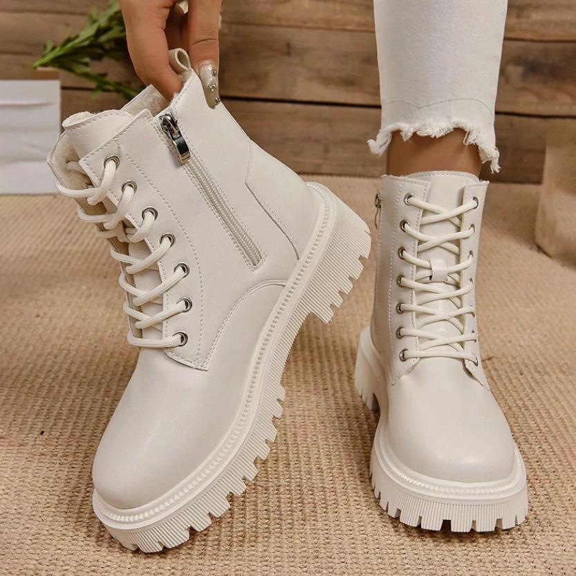 Warme Verdicken Plüsch Plateau Stiefeletten Damen Winter PU Leder Dicke Sohle Baumwollschuhe Frau Schwarz Motorradstiefeletten