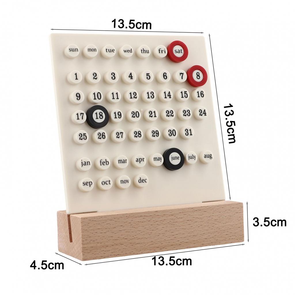 1 Tischkalender mit Holzsockel, 3 Ringe zur Datumsmarkierung, Acrylring