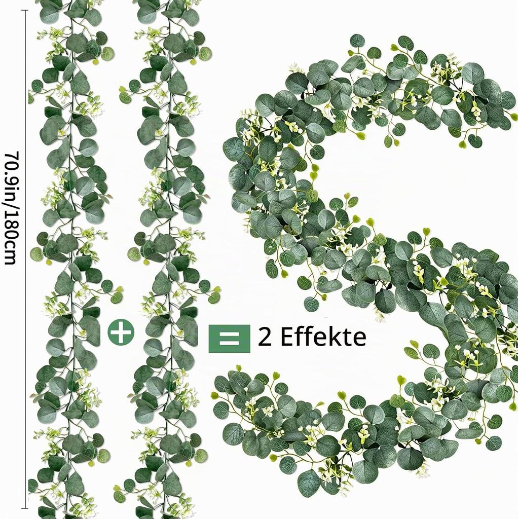 ROLLWAY 4 Pieces Artificial Eucalyptus Garland 1.8m Faux Greenery Vine with 138 Leaves Per Strip Plastic Fabric Ivy Garland for Wedding Arch Table