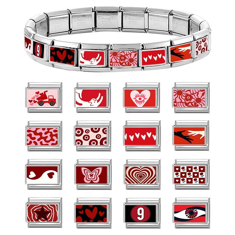 Modisches Personalisierbares DIY Rote Farbe Italienisches Charm-Armband Blume Katze Auto Herz Ziffer 9 Perle 9mm Armband Edelstahl Schmuck