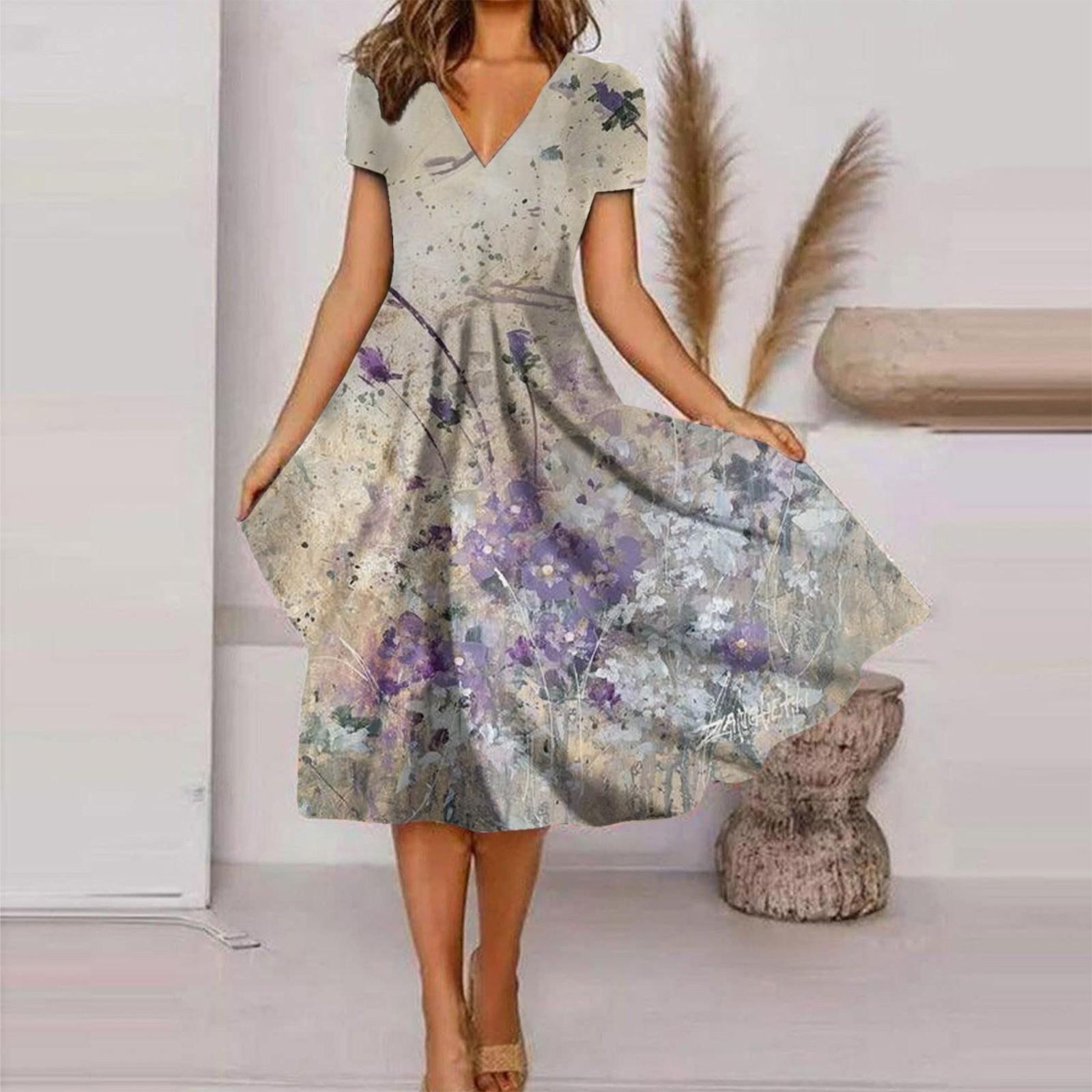 

Женское модное и универсальное летнее темпераментное платье с v-образным вырезом и короткими рукавами с принтом XXXL