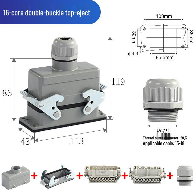 Heavy-Duty Rectangular Aviation Connector Plug & Socket: 6, 10, 16, 24, 32 Pin Options