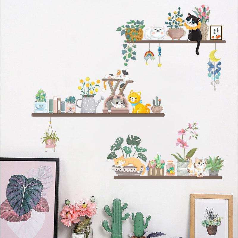 Cat Plant Frame Wall Sticker Background Sticker Decorative Self-adhesive Paper Green Plant Wall Sticker Wall Sticker