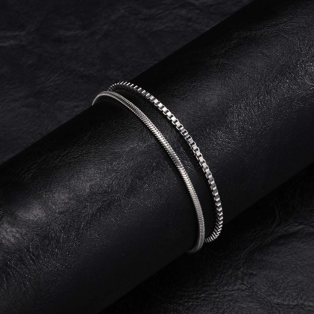 Vnox 2pcs/Set Cuban Figaro Rope Snake Chain Bracelet Set for Men Boys, Gold Black Silver Color Stainless Steel Wristband Jewelry