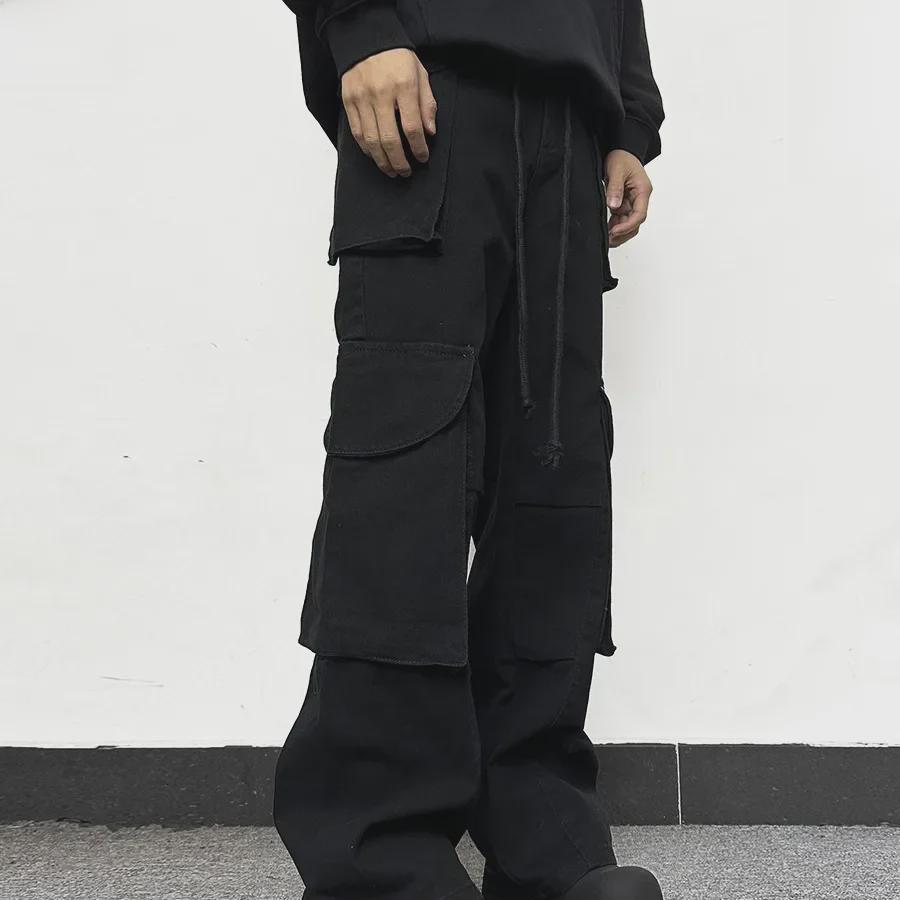 

Maillard Brown Unisex Multi-Pocket Straight Combined с завязками на шнурке - Повседневные брюки в американском стиле ретро XXL чёрный