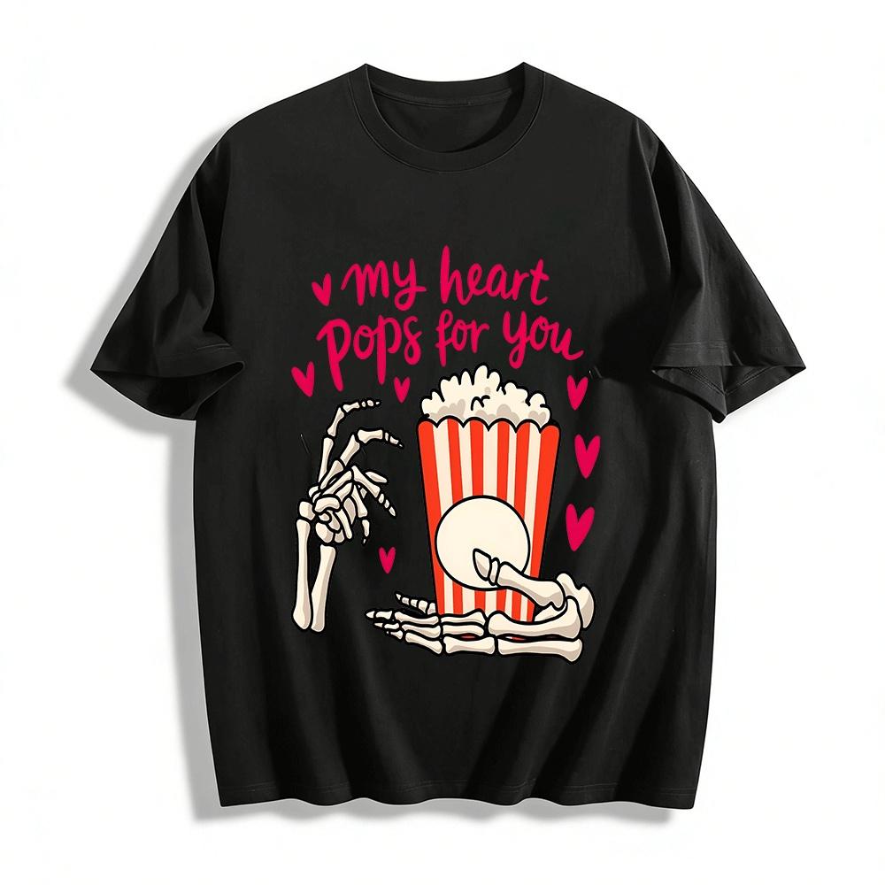 My Heart Pops For You Skeleton Hand Popcorn Graphic Tee Pure cotton T-shirt XXS