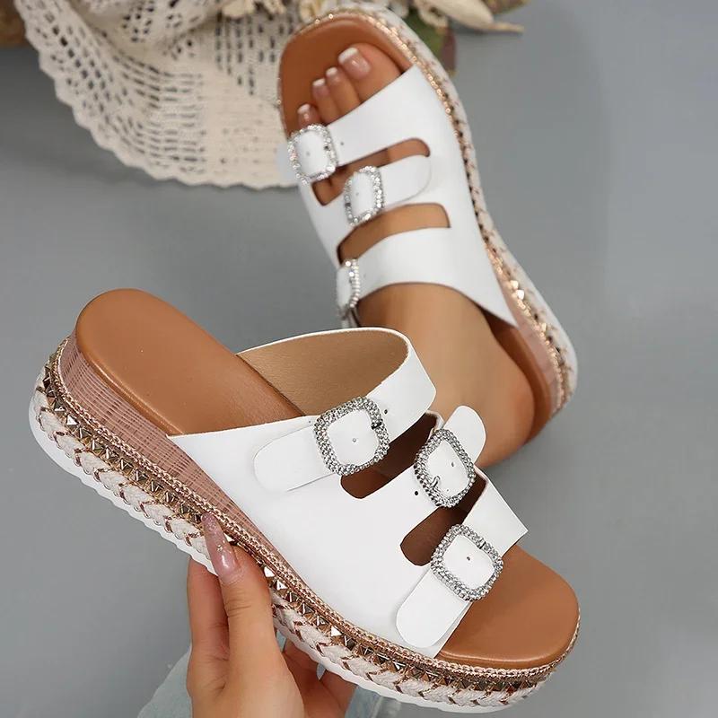 Fashion Fashion Women Shoes Summer White Pu Leather Platform Sandals Women Crystal Buckle Thick Bottom Slippers Women Wedge Heel Sandles