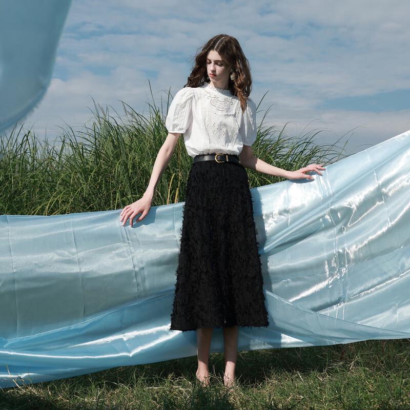 Women's Embroidered Stand Collar Puff Sleeve Top