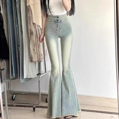 High Waist Flared Wide Leg Denim Pants Women Stretchy Cropped Hem Bell Bottom Trousers