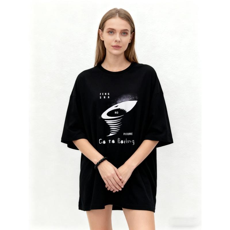 Oversized T-Shirt Black Shark Tornado Graphic Go To Bowling Print Casual Wear for Women