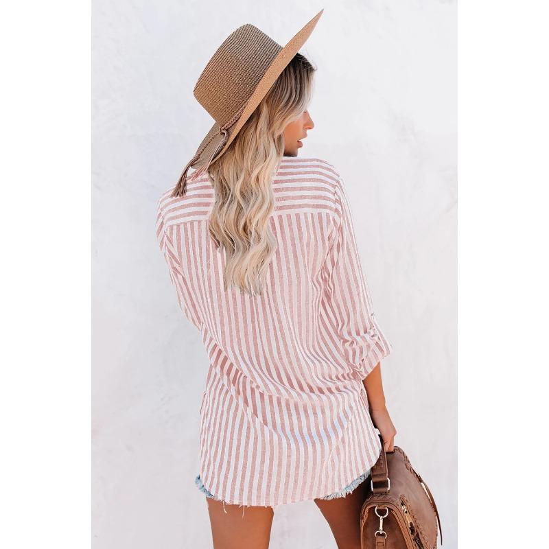 Women Striped Button Down Shirt Casual Loose Pocket Blouse Long Sleeve Top