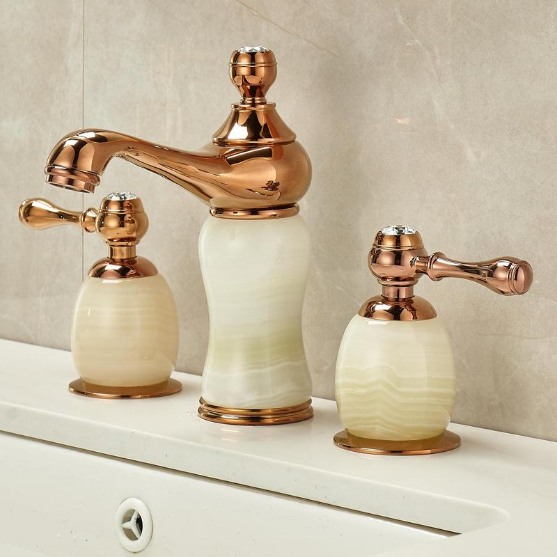 Basin Faucet Gold Brass Jade Bathroom Sink Faucet 3 Hole Widespread Basin Mixer Double Handle Hot And Cold Water Tap New Arrival