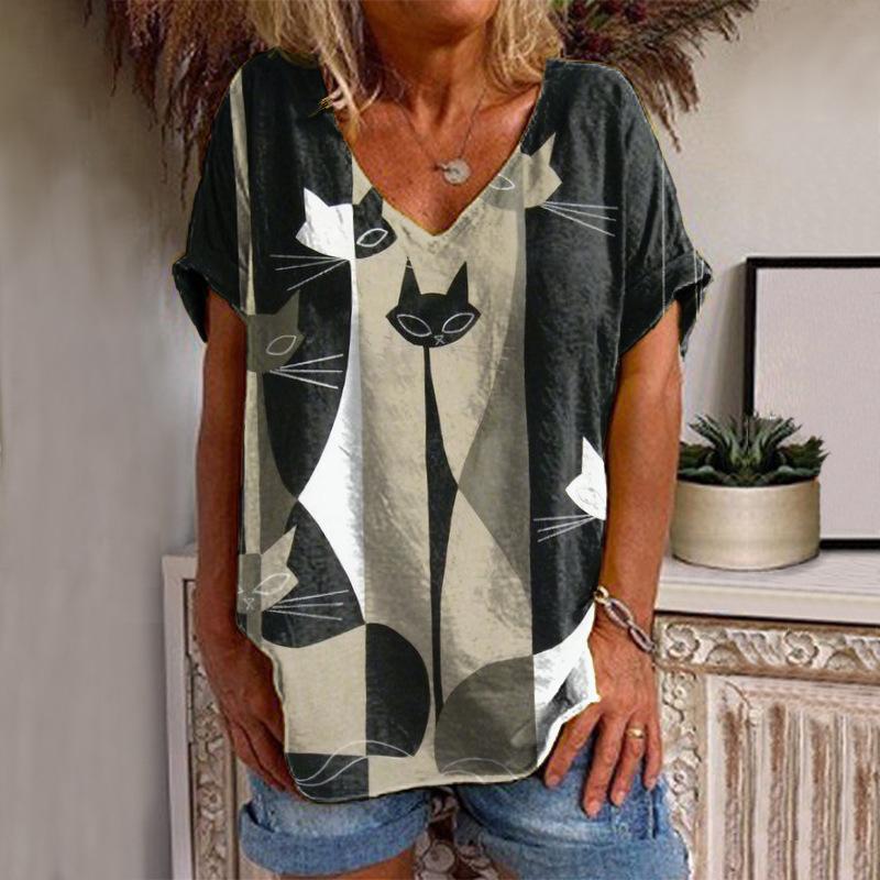 Sommer V-hals 3D Cat Printed Topp Fasjonable Casual Kortermede T-skjorter for kvinner