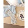 Summer Lightweight Bow Tie Women's Blue Color Pile-up Stockings with Hollowed-out Small Floral Patterns and Mid-length Socks with An Academic Style