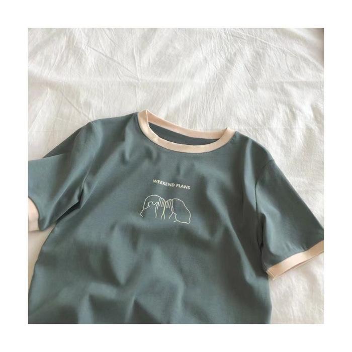 T-shirt for Women In Summer New College Style Round Neck Pullover Simple Short-sleeved Top Korean Style Loose Slim Women