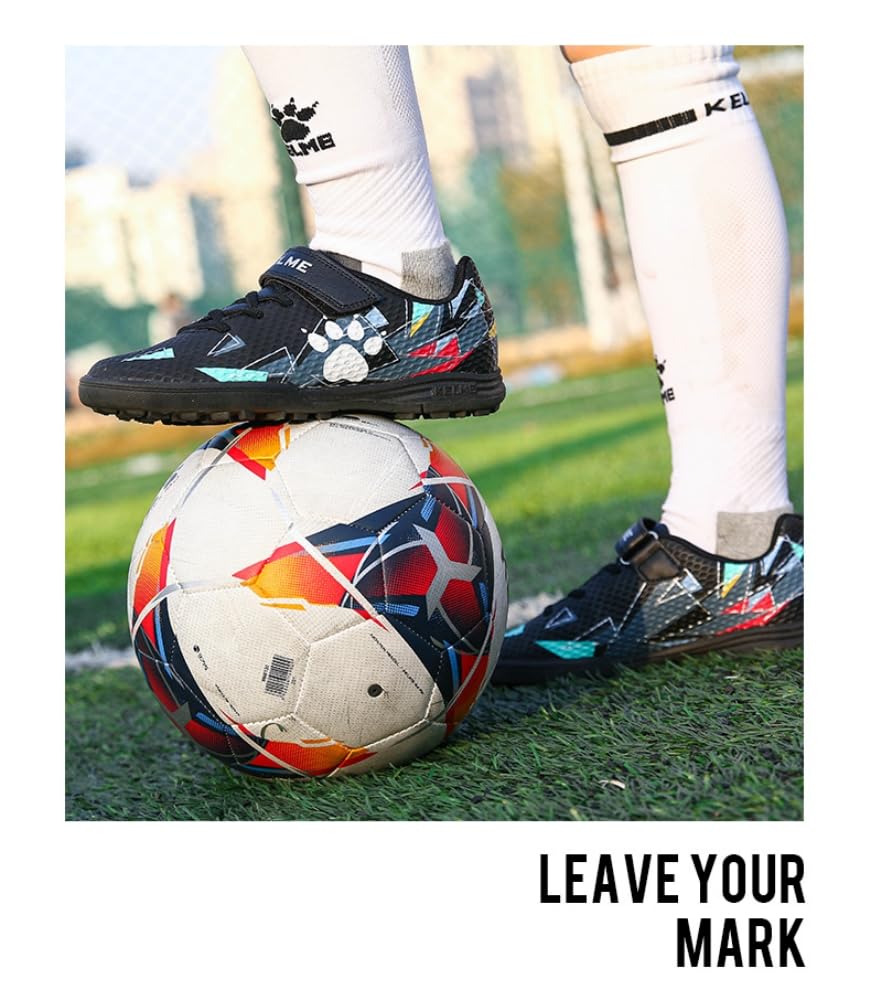 Kelme Kids' Soccer Shoes, Futsal Shoes, TF Velcro Training Shoes, Multicolor
