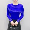 Spring Autumn Women's Ruffles Hotfix Rhinestone T-Shirt Elegant Full Sleeve O-neck Tees Slim Ladies Tops
