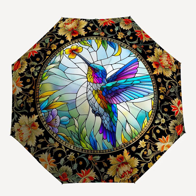Color Retro HummingbirdThemed Automatic Opening and Closing Umbrella - 8 Ribs, Suitable for Leisure and Going Out, Outdoor Accessory, Gothic