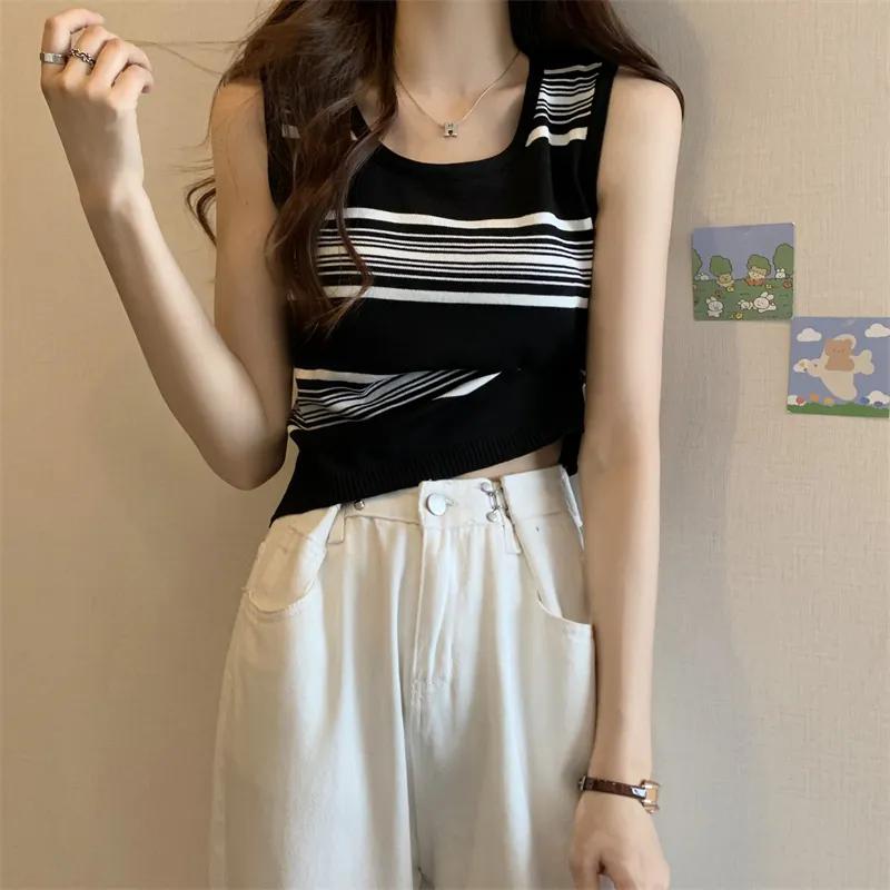 WTEMPO Girl's Retro Large Size Striped Casual Versatile Camisole Vests Women's Spring Summer Sleeveless Knitted Bottoming Tank Tops