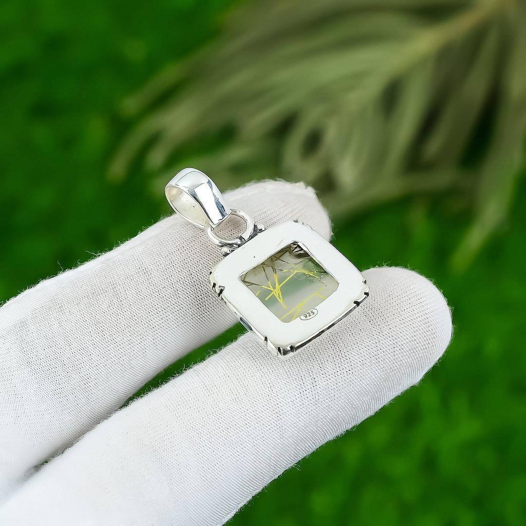 Square Natural Golden Rutile Mother Bezel Trendy Pendant Jewelry Sterling Silver