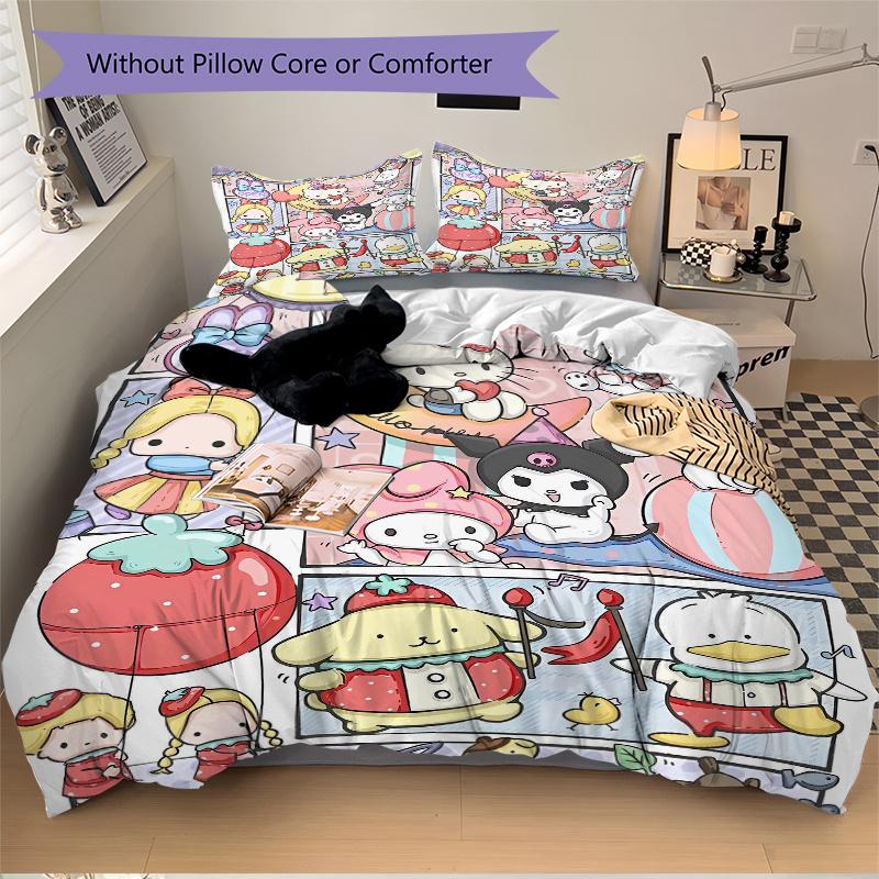 3pcs Carnival Celebration Hello Kitty and Friends Printed Bedding Set, Soft and Comfortable Quilt Cover for Bedroom, Guest Room (Not Included).S002