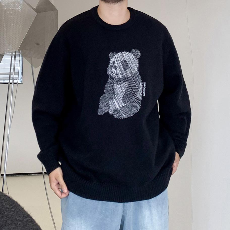 Tegneseriemønster Stor Størrelse Herre Lett Fukttransporterende Strikket Skjorte - Rund Hals Løs Passform Mote Trendy Fortykket Varme