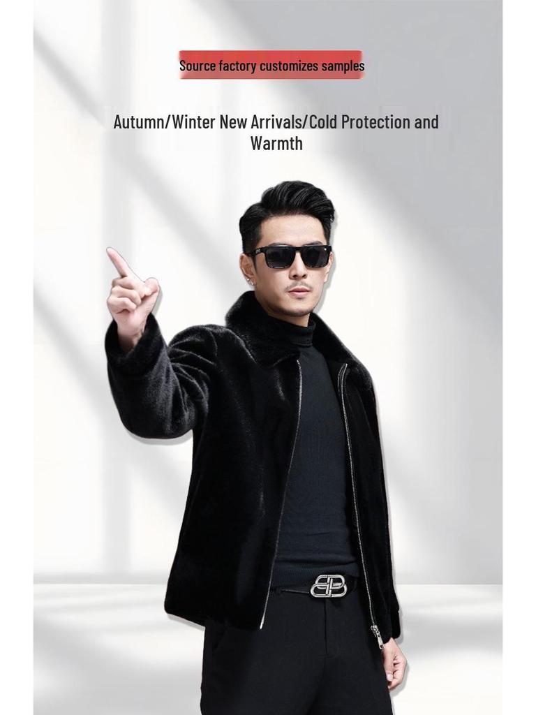 Men's Full Mink Fur Lapel Jacket - Winter Thick Faux Fur Coat