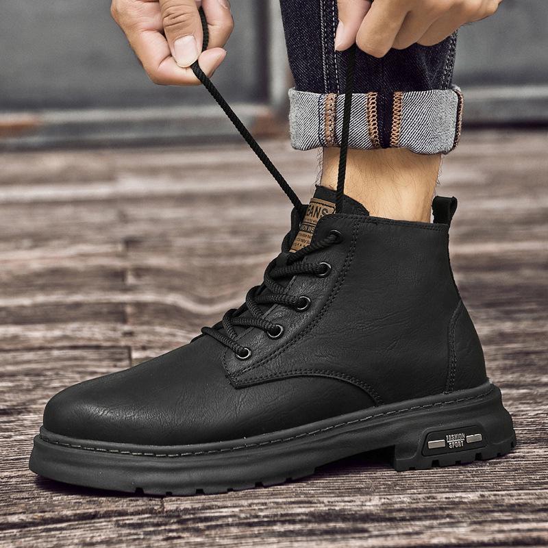 Men's Plus Size Fleece-Lined Leather High-Top Motorcycle Boots - Retro Warm Workwear Style