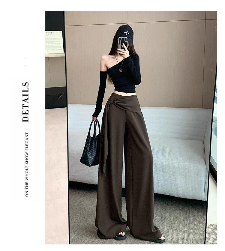 Women's 2026 Spring/Summer High-Waisted Wide-Leg Lace-Up Pants - Slimming, Versatile, Draped, Floor-Length Casual Wear