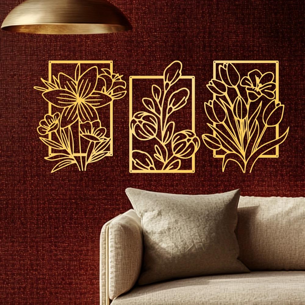 3 Pezzi Arte Murale Metallica Floreale Nero Oro, Pannelli in Ferro Botanico Retro per Soggiorno Camera da Letto Decorazione Matrimonio, Elegante Regalo di San Valentino Durevole